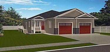 Duplex Plan 2008702 – Bungalow-style duplex, 2 bed, 2 bath, 1-car garage, 1158 sq. ft., front view