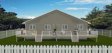Duplex Plan 2008702 – Bungalow-style duplex, 2 bed, 2 bath, 1-car garage, 1158 sq. ft., rear view