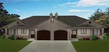 Duplex Plan 2011547 – Wide layout, 2 bed, 2 bath, bungalow, Garage, 1147 sq. ft, front view
