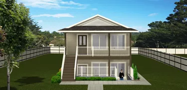 Duplex Plan 2012671 – Wide layout, 3 bed, 2 bath, bi-level, no garage, 1344 sq. ft, front view