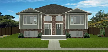Duplex Plan 2013738 – Bi-level design, 3 bed, 1.5 bath, compact footprint, 1344 sq. ft., front view