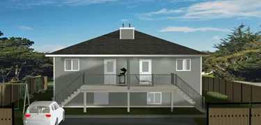 Duplex Plan 2013738 – Bi-level design, 3 bed, 1.5 bath, compact footprint, 1344 sq. ft., rear view