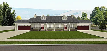 Duplex Plan 2014818 – Side-by-side duplex, 2 bed, 2 bath, 1-storey, 2-car garage, 1530 sq. ft., front view