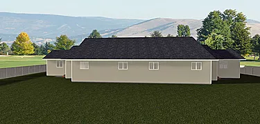 Duplex Plan 2014818 – Side-by-side duplex, 2 bed, 2 bath, 1-storey, 2-car garage, 1530 sq. ft., rear view